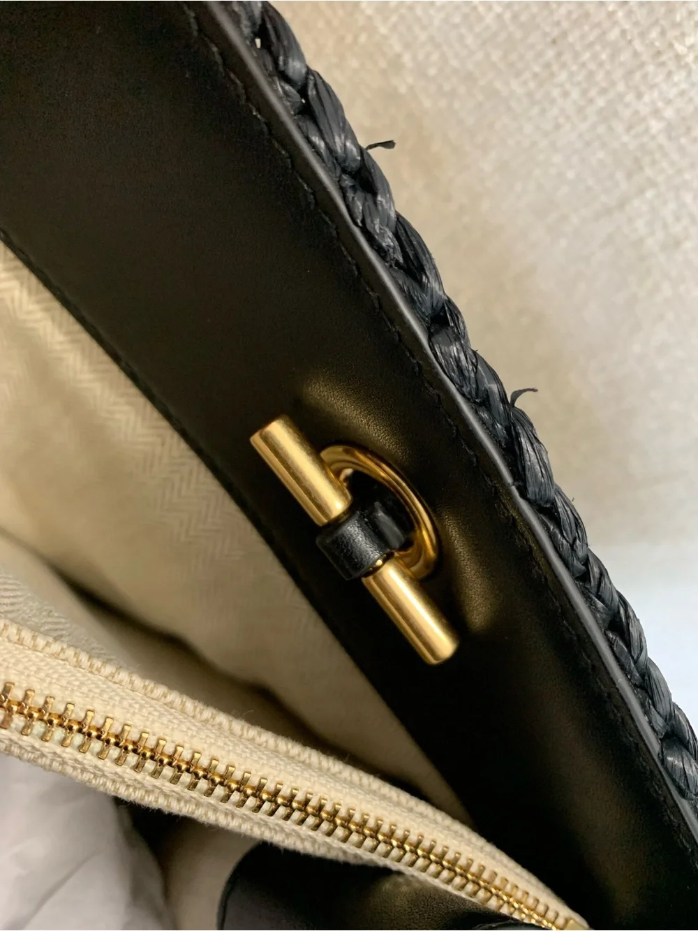 NEW Tory Burch Ella Melange Chain Strap Black Raffia Small Tote Bag